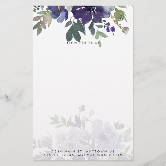 Papeterie Aquarelle violette florale personnalisée (Devant)