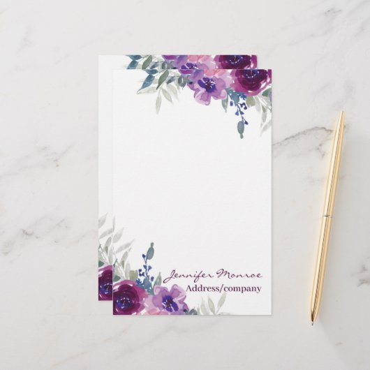 Papeterie Aquarelle violette florale personnalisée (Devant/Arrière en situation)
