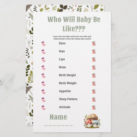 Papeterie Baby shower champignon qui est bébé comme (Devant / Derrière)