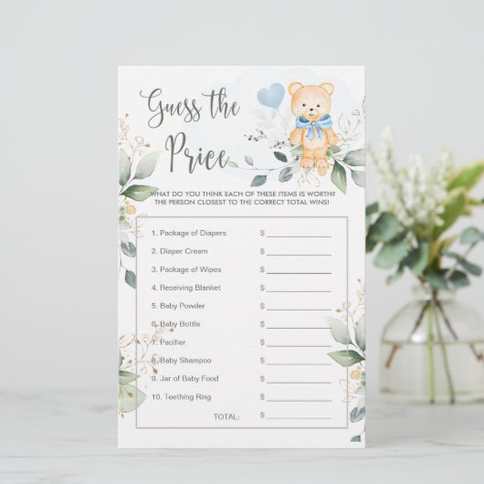 Papeterie Baby shower Devinez le prix jeu Teddy Bear (Debout devant)