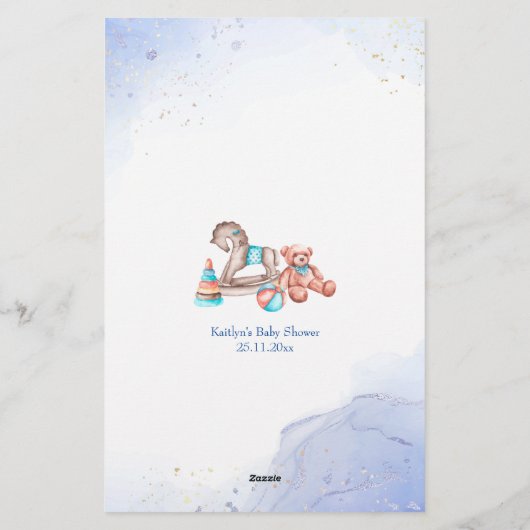 Papeterie Baby shower prédiction jeu bleu bébé garçon (Dos)