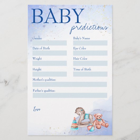 Papeterie Baby shower prédiction jeu bleu bébé garçon (Devant)