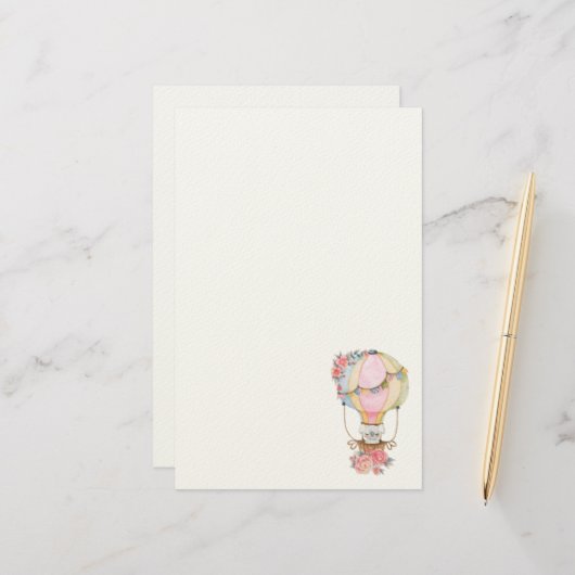 Papeterie Ballons à air chaud mignon avec Aquarelle d'ours (Devant/Arrière en situation)