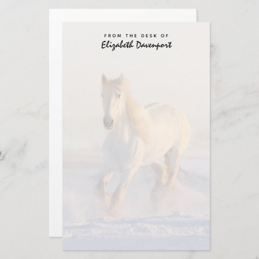 Papeterie Beau Cheval Blanc Galloping dans la neige (Devant / Derrière)