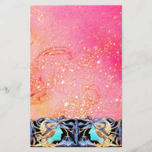 PAPETERIE BEAUTÉ ÉLÉGANTE/FEMME AVEC BOW BLEU, FLEURS EN ROS