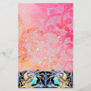 PAPETERIE BEAUTÉ ÉLÉGANTE/FEMME AVEC BOW BLEU, FLEURS EN ROS