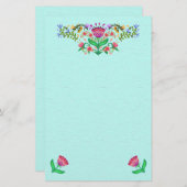 Papeterie Belles fleurs Boho Style rose sur Aqua (Devant / Derrière)