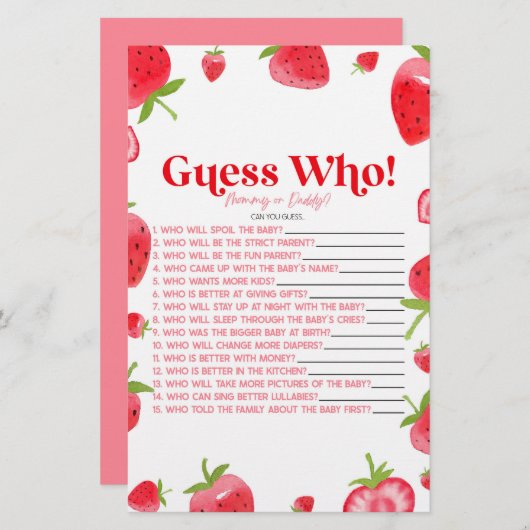 Papeterie Berry Aux Fraises Devine Qui ! Jeu baby shower (Devant / Derrière)