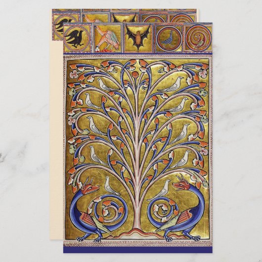 PAPETERIE BESTIAIRE MÉDIÉVAL, OISEAUX SUR L'ARBRE DE VIE, DR (Devant / Derrière)