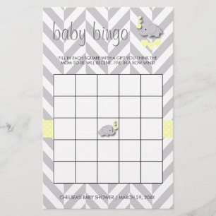 Papeterie Bingo Baby shower Eléphant Jaune et Gris Douce