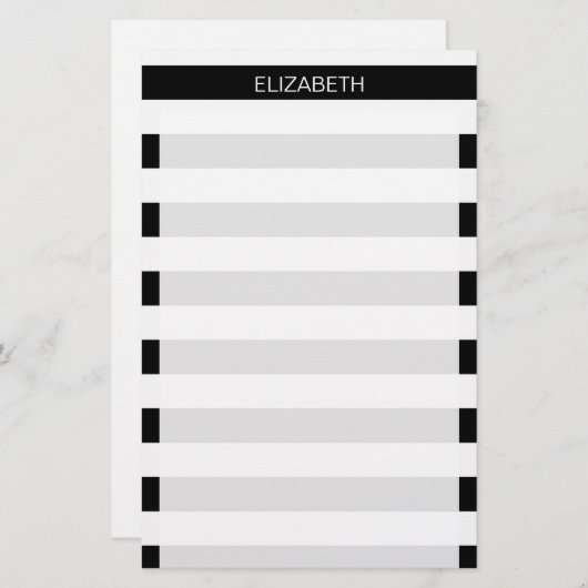 Papeterie Black White Horizontal Preppy Stripe Nom monogram (Devant / Derrière)