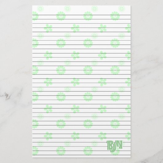 Papeterie Blanc avec papier à lettres florales vert Monogram (Devant)