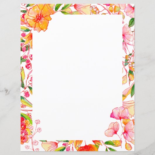 Papeterie blanche florale aquarelle rose orange (Devant)