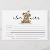 Papeterie Bleu ours en peluche baby shower conseils souhaits (Devant)