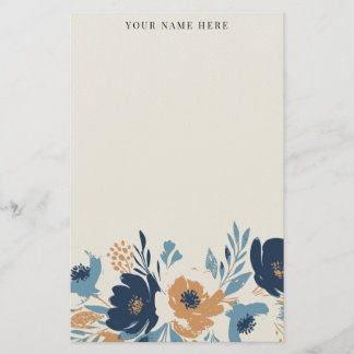 Papeterie Bleu Poussiéreux et Floral Aquarelle Orange avec N