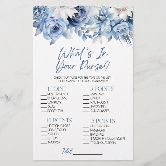 Papeterie Blue Floral What's In Purse Fête des mariées Jeu (Devant)