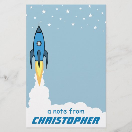 Papeterie Blue Rocket Ship External Space Kids Nom monogramm (Devant)