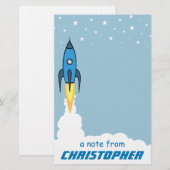 Papeterie Blue Rocket Ship External Space Kids Nom monogramm (Devant / Derrière)