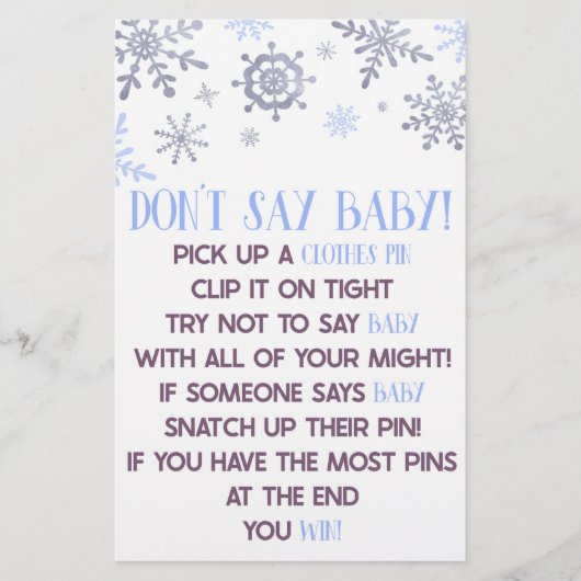 Papeterie Blue Snowflake ne pas dire Baby shower jeu (Devant)