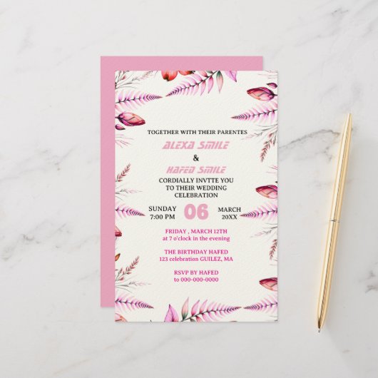 Papeterie Blush Pink  Elegant Gold Wedding Invitation , Whit (Devant/Arrière en situation)