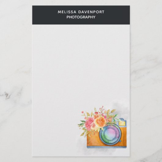 Papeterie Boho Orange Caméra & Bouquet Floral Aquarelle (Devant)