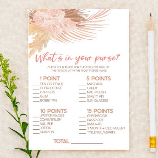 Papeterie Boho Pink What's In Purse Fête des mariées Jeu