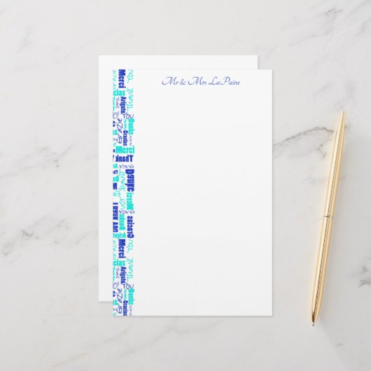 Papeterie Bordure de typographie de Merci multilingue mariag (Devant/Arrière en situation)