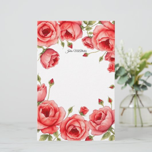 Papeterie Bordure élégante de roses rouges avec script perso (Debout devant)