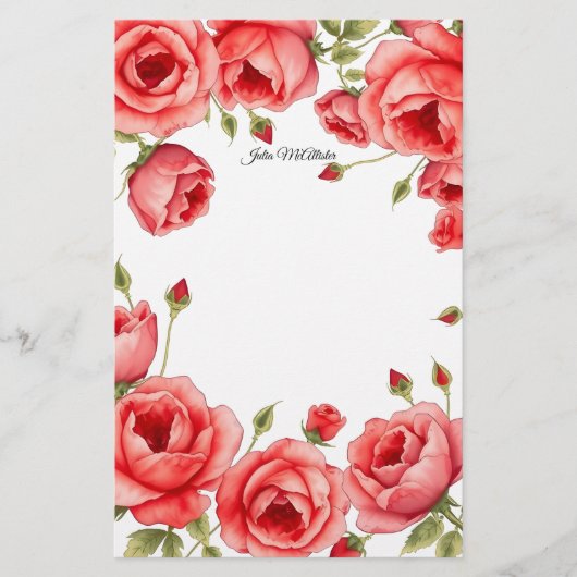 Papeterie Bordure élégante de roses rouges avec script perso (Devant)