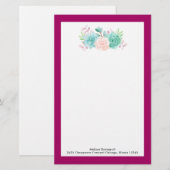 Papeterie Bouquet de fleurs rose et vert Pastel sur Magenta  (Devant / Derrière)