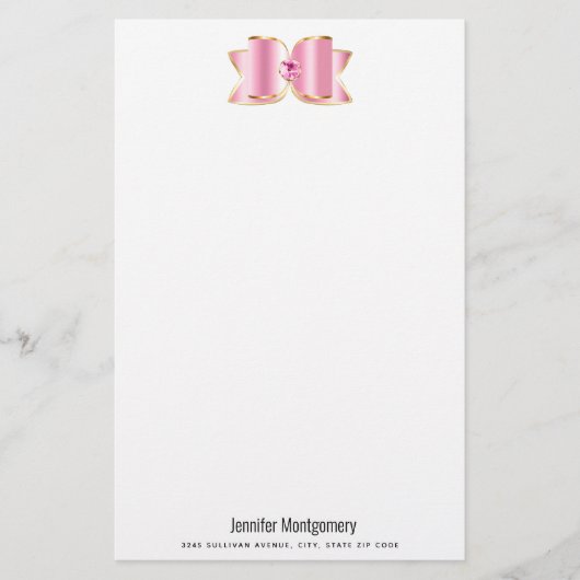 Papeterie Bow en verre rose avec pierre centrale (Devant)