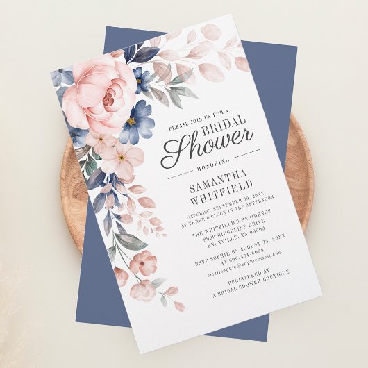 Papeterie Budget Dusty Blue Floral Bridal Shower Invitation