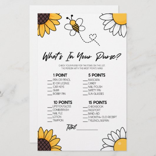 Papeterie Bumble Honey Bee What's In Purse Baby shower Jeu (Devant / Derrière)
