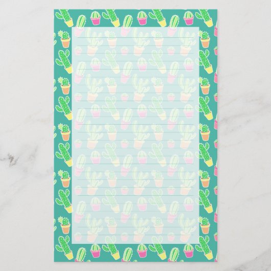 Papeterie Cactus au néon d'aquarelle dans le motif de pots (Devant)
