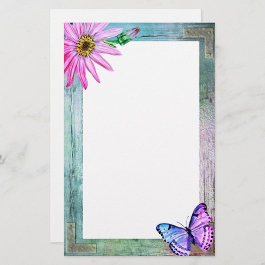 Papeterie Cadre rustique avec Fleur et Papillon (Devant / Derrière)