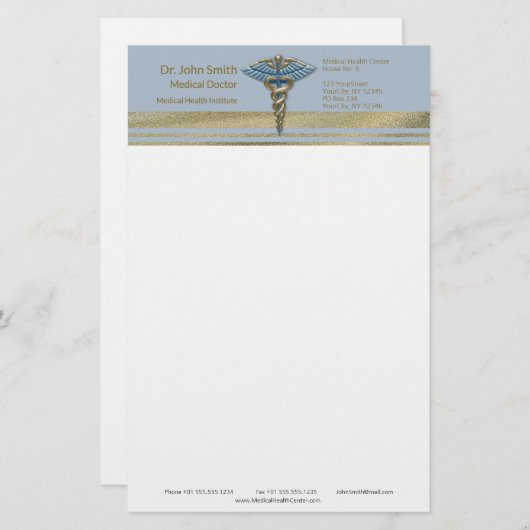 Papeterie Caducée bleu clair avec bandes à paillettes dorées (Devant / Derrière)