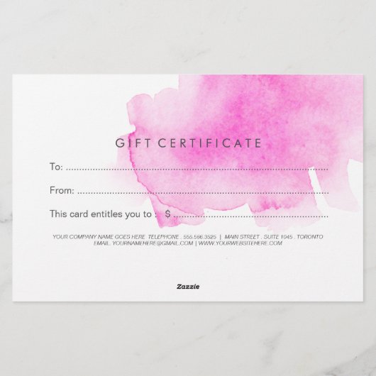 Papeterie Certificat cadeau Pink Watercolor Splash (Dos)