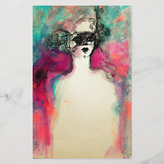Papeterie CHARME /Dame Avec Masque, Vert Turquoise Rose (Devant)