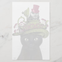 Chat noir avec théière et hibou