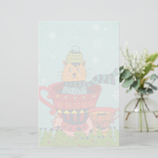 Papeterie Chat Whimsical assis dans un thé Noël (Debout devant)