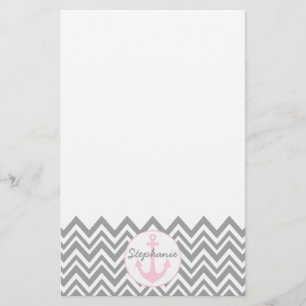 Papeterie Chevron gris et blanc avec Pastel rose nautique