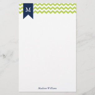 Papeterie Chevrons verts Kiwi et Monogramme bleu