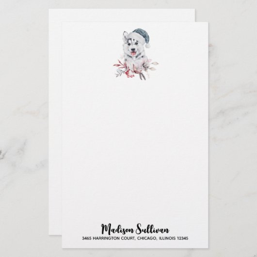 Papeterie Chien de Noël Husky dans un chapeau de Père Noël (Devant / Derrière)