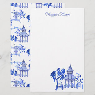 Papeterie Chinoiserie Aquarelle Pagode Bleue