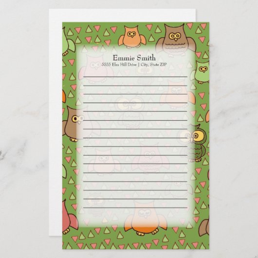 Papeterie Chouette orange rose Brown sur vert (Devant / Derrière)