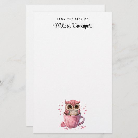 Papeterie Chouette rose mignonne en coupe (Devant / Derrière)