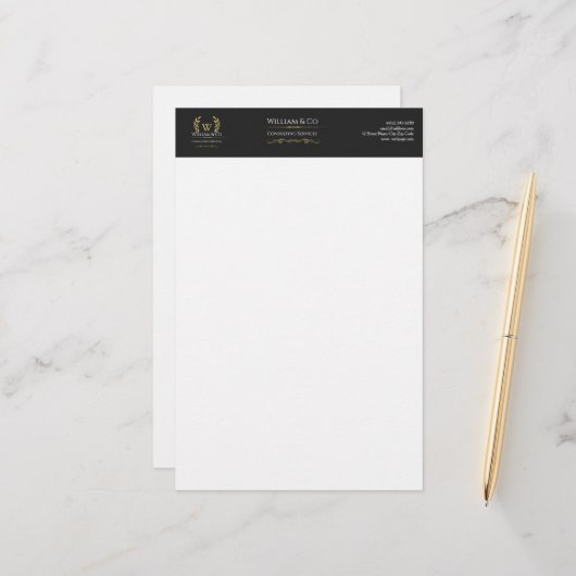 Papeterie Classic Laurel Wreath Black Gold Monogramme (Devant/Arrière en situation)
