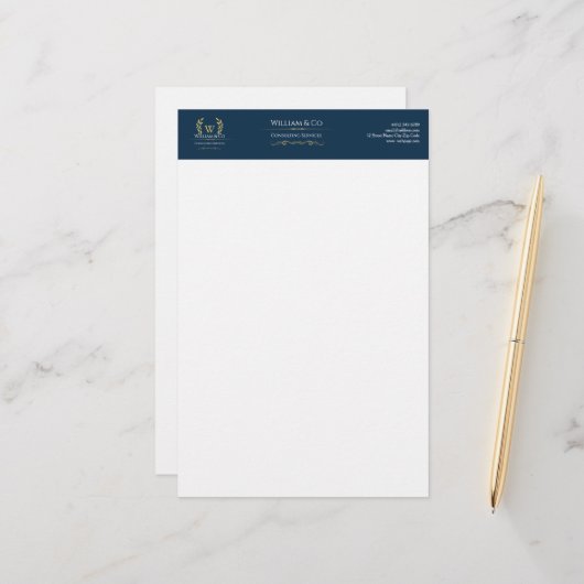 Papeterie Classic Laurel Wreath Navy Blue Gold Monogramme (Devant/Arrière en situation)