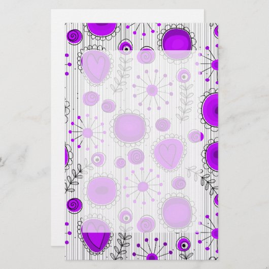 Papeterie Coeurs blancs violet blanc Whimsical et fleurs flo (Devant / Derrière)