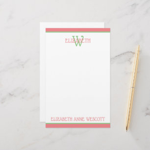 Papeterie Corail rose et vert monogramme